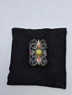 Artisan Filigree Statement Ring with Green, Blue and Orange Accents